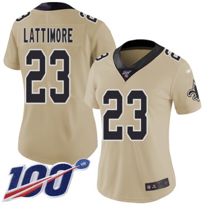 Nike New Orleans Saints #23 Marshon Lattimore Gold Women's Stitched NFL Limited Inverted Legend 100th Season Jersey